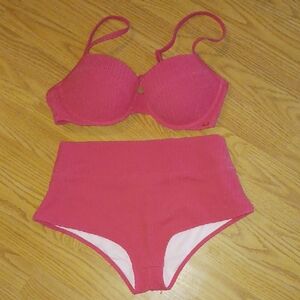 PINK Victoria's Secret High-Waist Ribbed Hot Pink Bikini Set